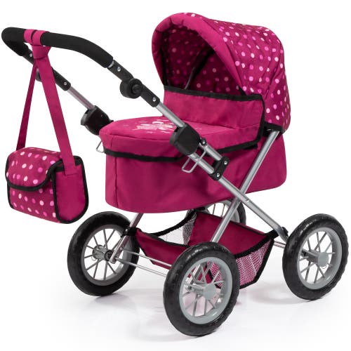 Bayer Design Bayer Dolls Pram Trendy with Shoulder Bag and Underneath Shopping Basket, Bordeaux, Red with Pattern in Pink  product