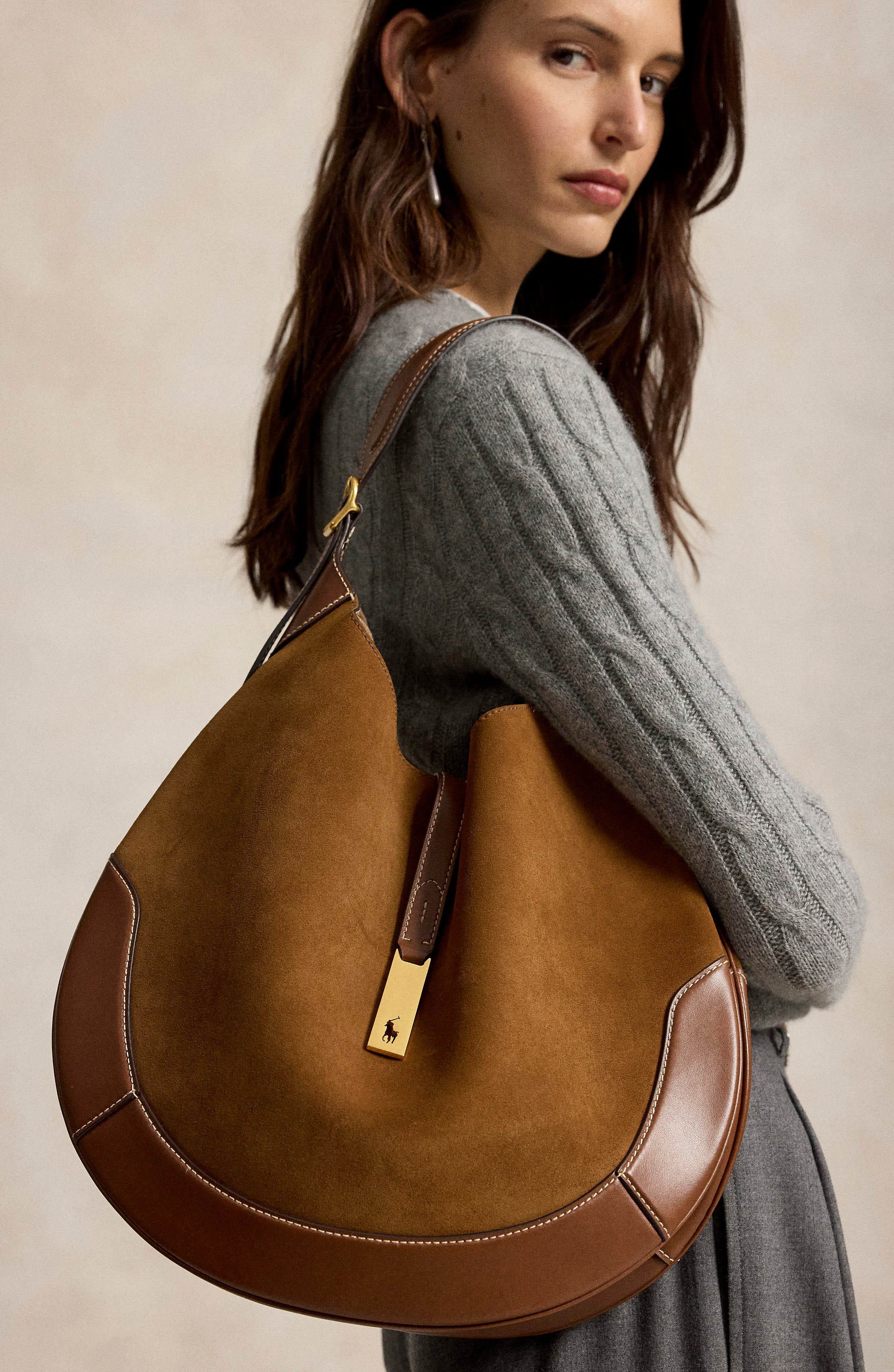 Polo ID Suede & Leather Shoulder Bag, Alternate, color, CINNAMON/ CUOIO