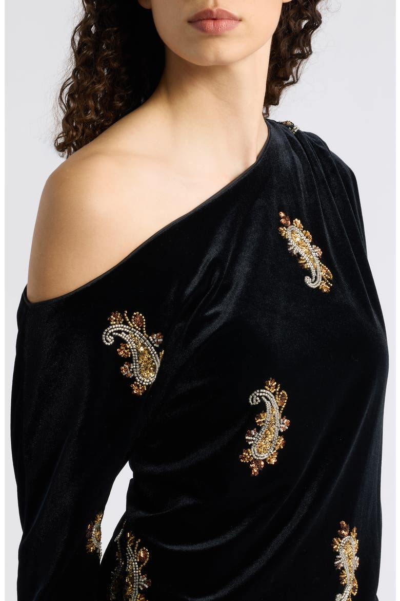 The Vani One Shoulder Velvet Top, Alternate, color, NOIR/ BRONZE GOLD