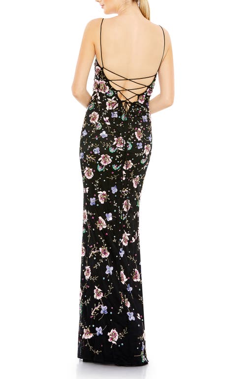 Mac Duggal Embellished Spaghetti Strap Lace Up Gown In Black Multi