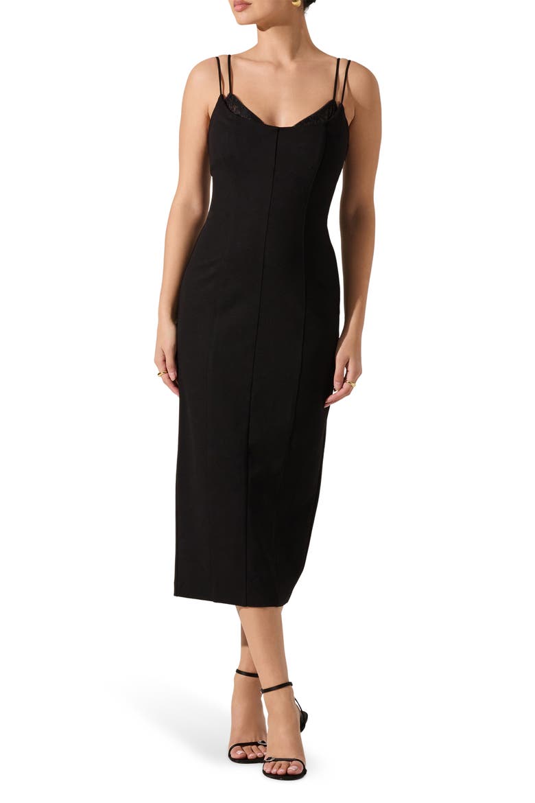 Allura Peekaboo Lace Trim Midi Dress, Main, color, BLACK