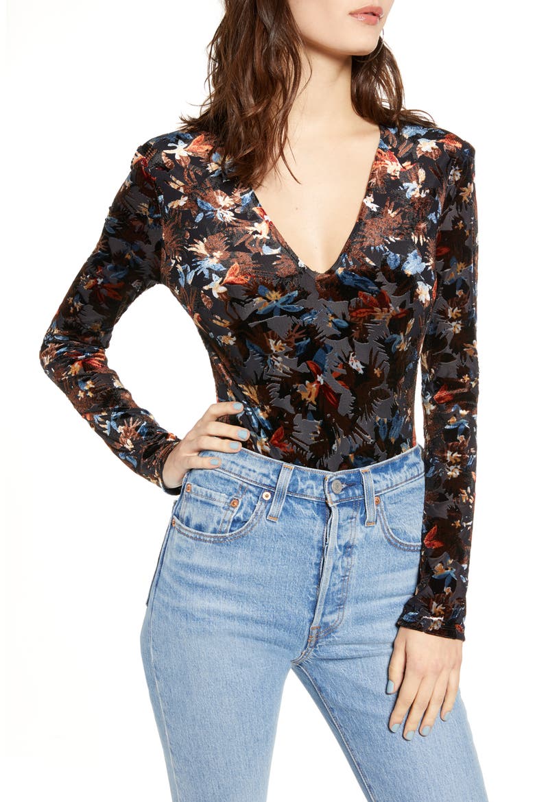 Long Sleeve V-Neck Burnout Velvet Bodysuit, Main, color, RUST/ BLUE BURN OUT FLORAL