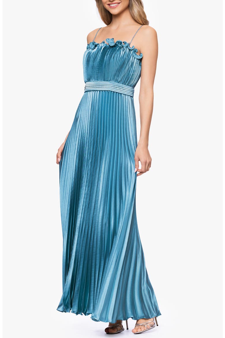 Ruffle Trim Pleated Gown, Alternate, color, DARK AQUA