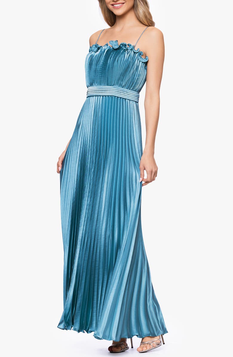 Betsy & Adam Ruffle Trim Pleated Gown, Alternate, color, Dark Aqua
