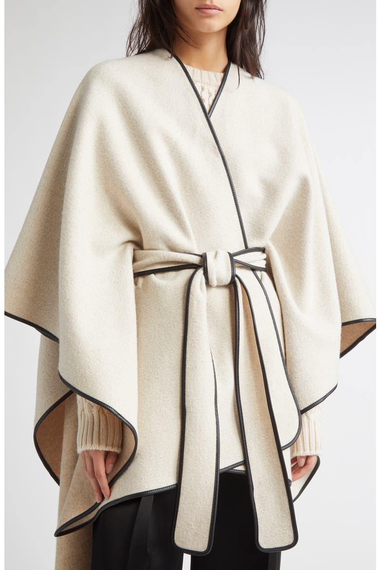 Leather Piped Wool & Cashmere Belted Cape, Alternate, color, ECRU / OATMEAL