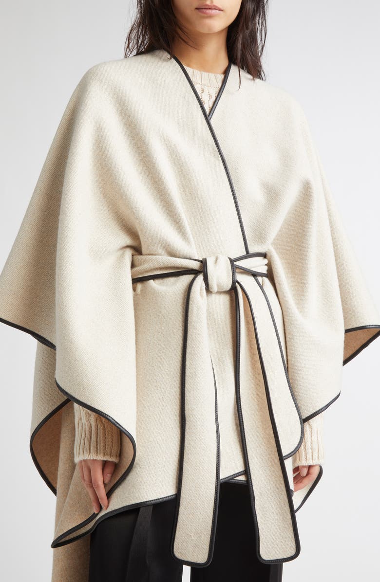 Johnstons of Elgin Leather Piped Wool & Cashmere Belted Cape, Alternate, color, Ecru / Oatmeal