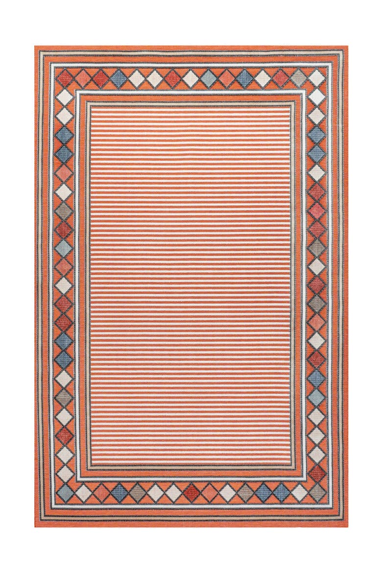 Sebastian High-Low Modern Diamond Border Indoor/Outdoor Area Rug, Alternate, color, Orange/Ivory