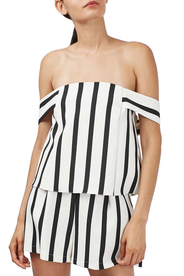 Stripe Off the Shoulder Romper, Main, color, WHITE MULTI