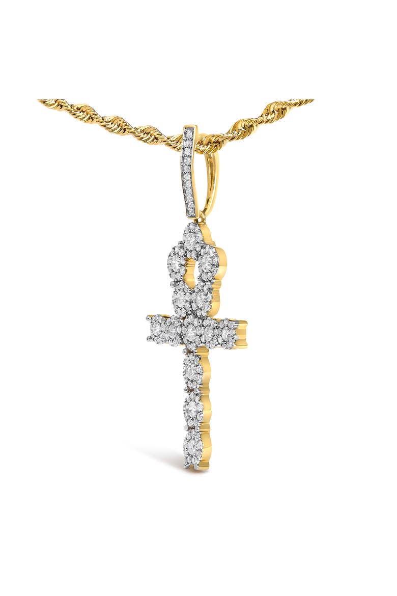 Men's 10K Yellow Gold 1 3/4 Cttw Diamond Cluster Ankh Cross Pendant Necklace - 18" Inches, Alternate, color, Yellow Gold