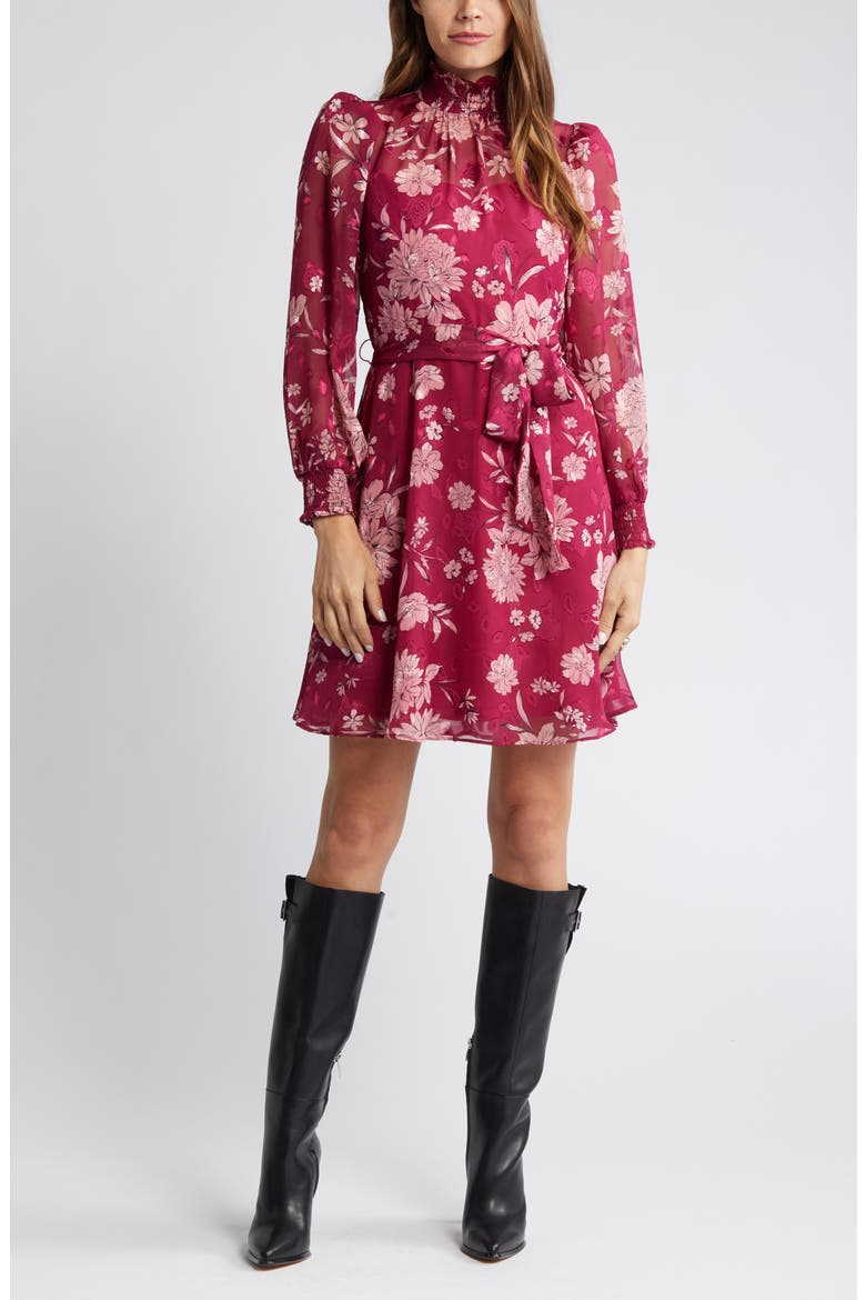 Floral Long Sleeve Mock Neck Dress, Alternate, color, BERRY