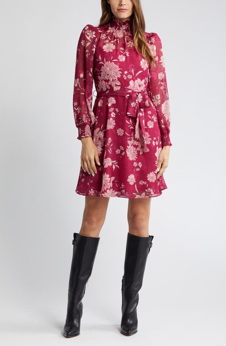 Eliza J Floral Long Sleeve Mock Neck Dress, Alternate, color, Berry