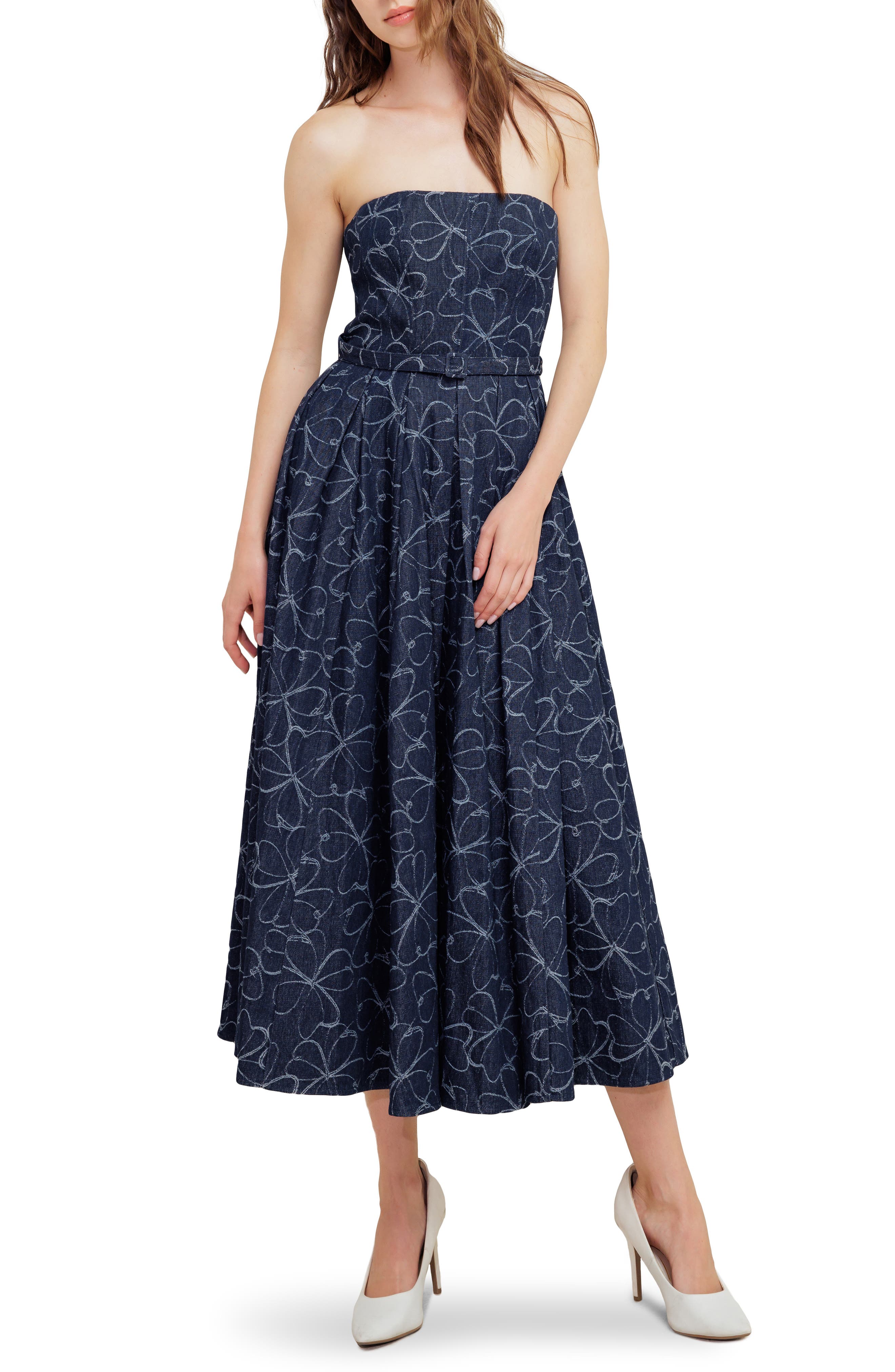 Printed Strapless Belted Denim Midi Dress