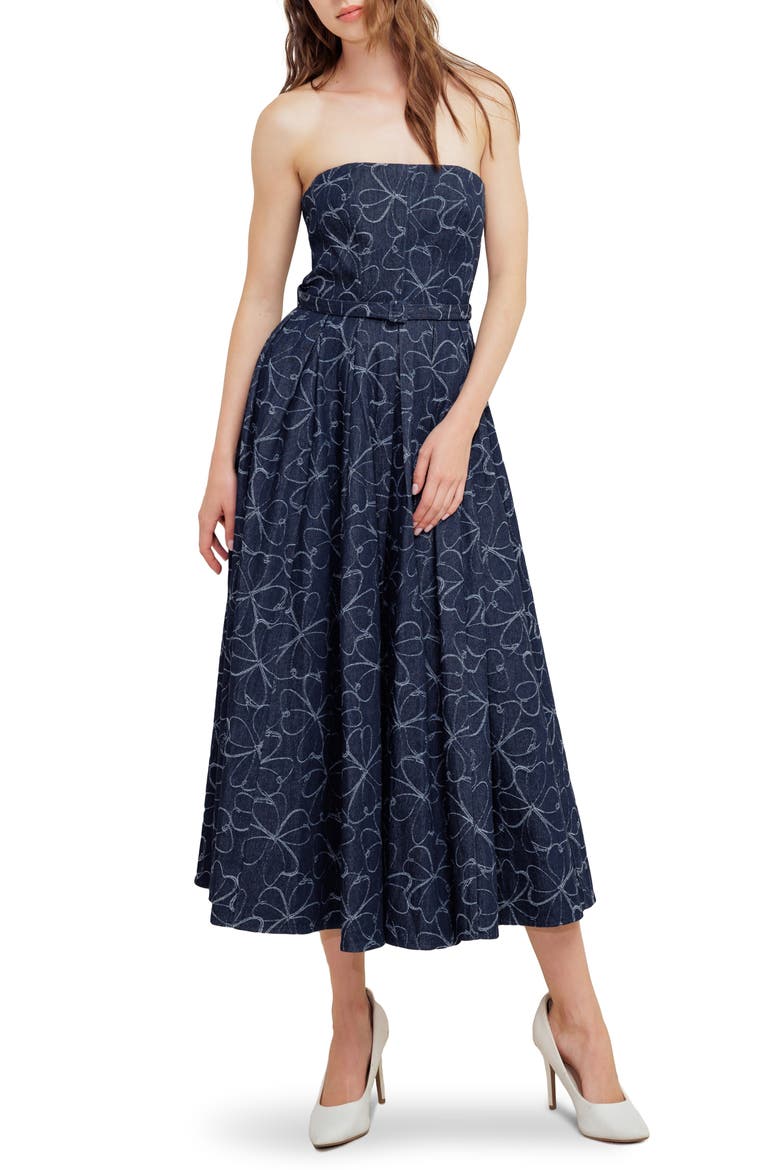 Printed Strapless Belted Denim Midi Dress, Main, color, DENIM