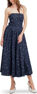 FREEMARKET Printed Strapless Belted Denim Midi Dress