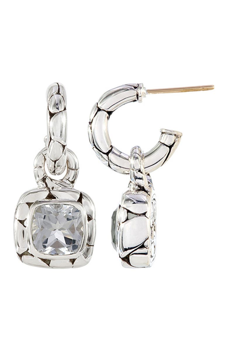 John Hardy Sterling Silver Kali White Topaz Square Drop 28mm Hoop Earrings, Main, color,