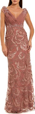 Mac Duggal Floral Beaded Chiffon V-Neck Formal Gown