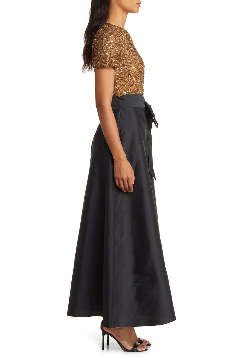 Beaded Bodice Mixed Media Gown, Alternate, color, GOLD