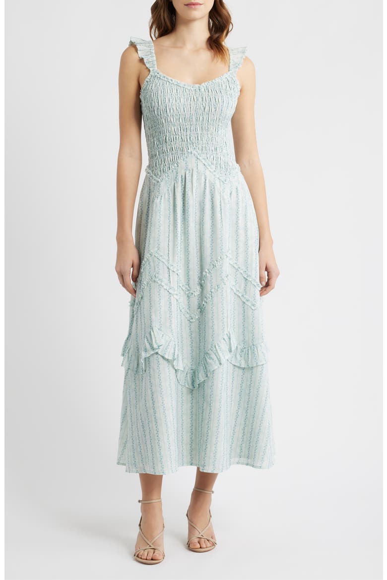 Floral Smocked Bodice Flutter Sleeve Midi Dress, Main, color, OFF WHITE/ BLUE