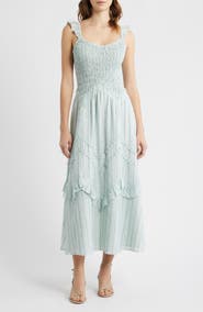 MOON RIVER Floral Smocked Bodice Flutter Sleeve Midi Dress