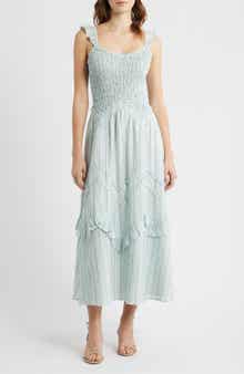 Floral Smocked Bodice Flutter Sleeve Midi Dress