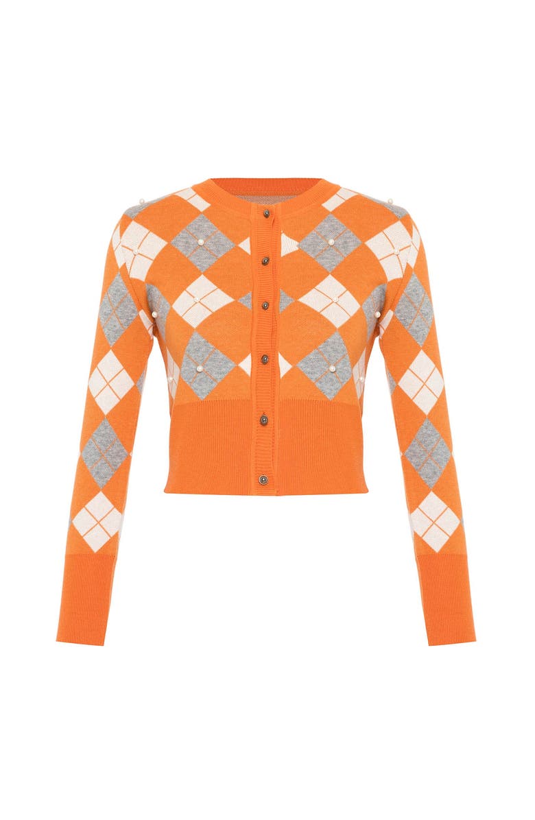 THEO The Label Nomia Plaid Pearly Cardigan, Main, color, Mandarine/Gold