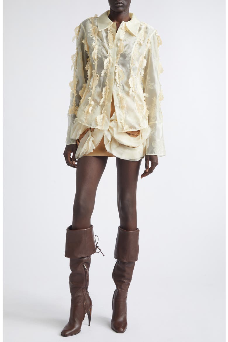 Quiyona Lace Trim Sheer Silk Shirt, Alternate, color, BEIGE
