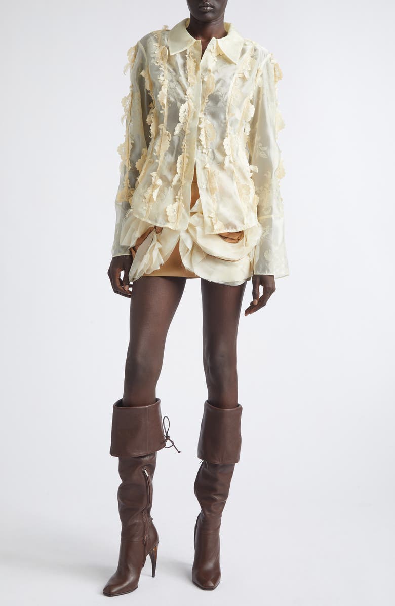 KIM SHUI Quiyona Lace Trim Sheer Silk Shirt, Alternate, color, Beige