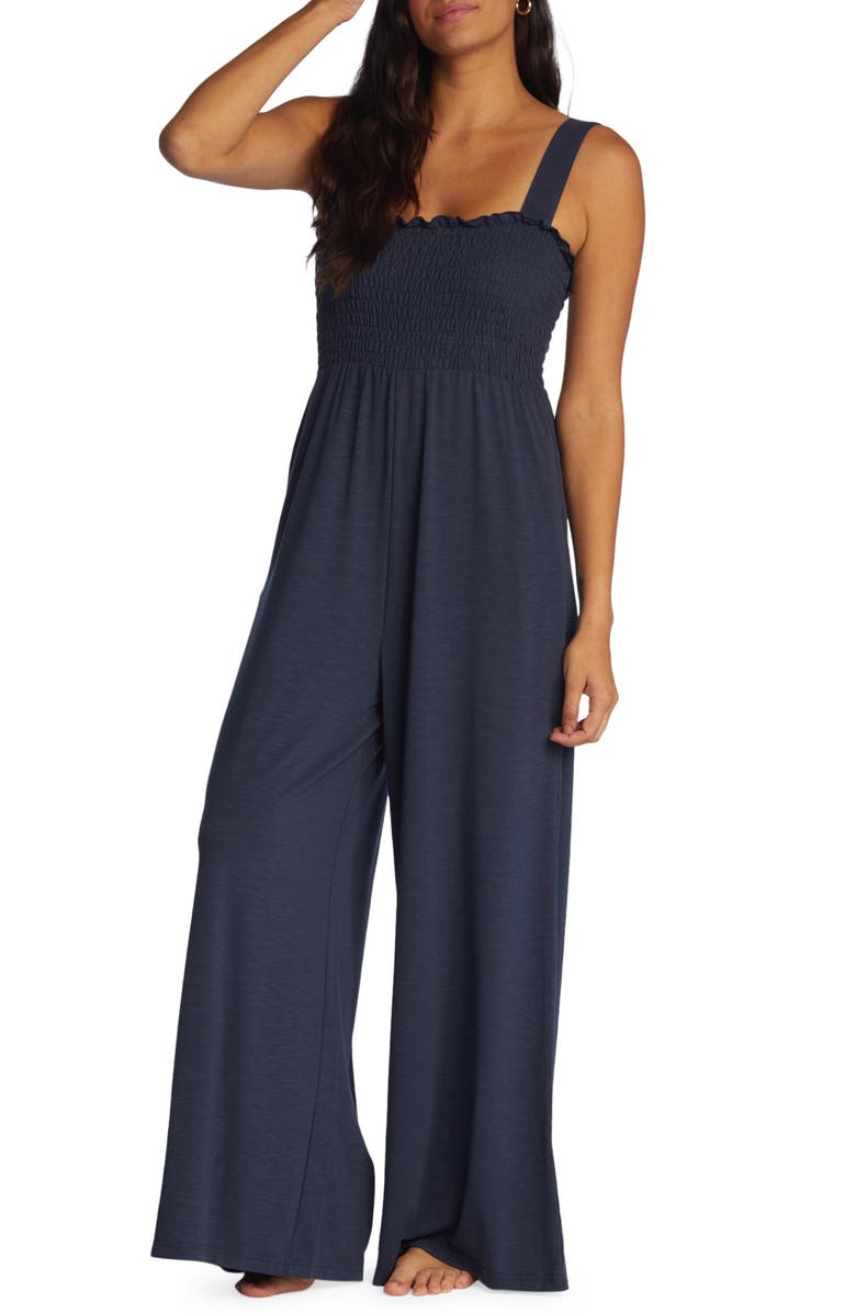 Roxy Just Passing By Smocked Square Neck Wide Leg Jumpsuit, Main, color,