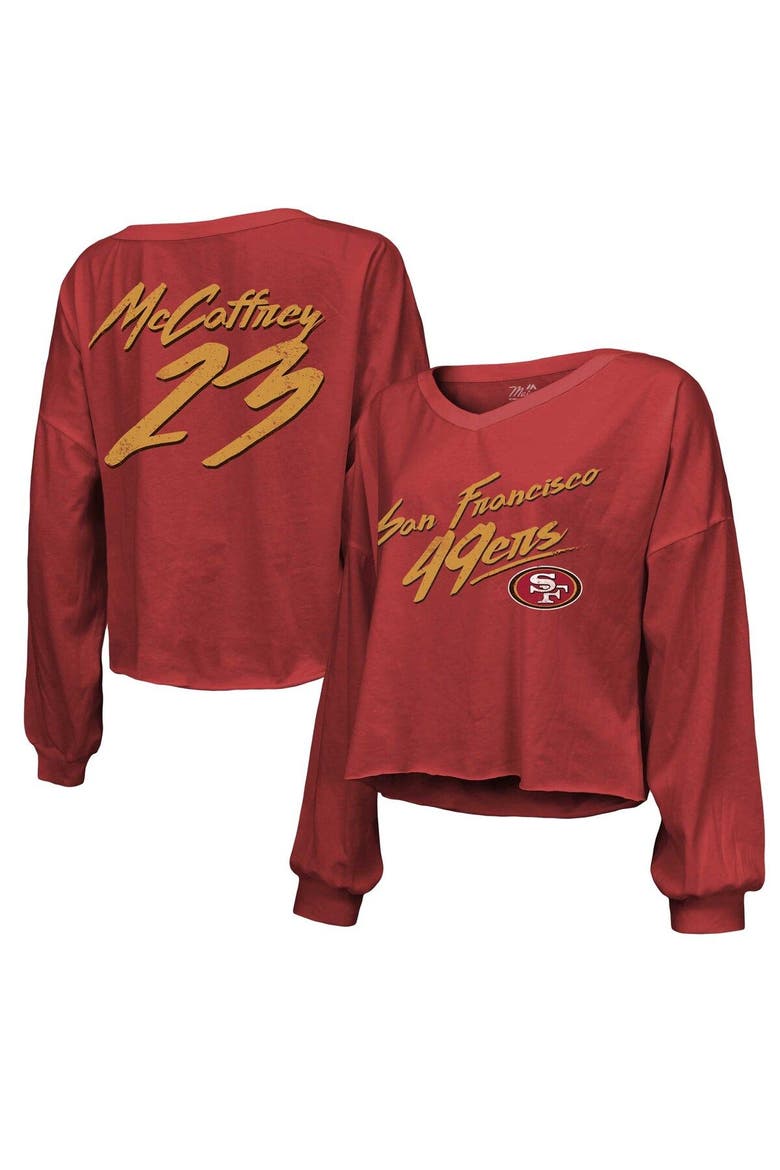 Women's Majestic Threads Christian McCaffrey Scarlet San Francisco 49ers Name & Number Off-Shoulder Script Cropped Long Sleeve V-Neck T-Shirt, Main, color, Scarlet