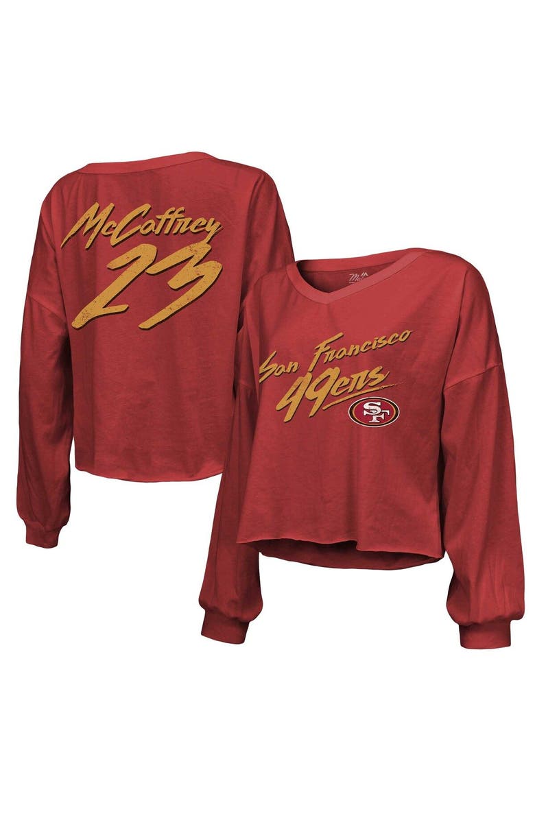 Majestic Threads Women's Majestic Threads Christian McCaffrey Scarlet San Francisco 49ers Name & Number Off-Shoulder Script Cropped Long Sleeve V-Neck T-Shirt, Main, color, Scarlet