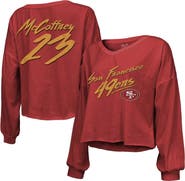 Majestic Threads Women's Majestic Threads Christian McCaffrey Scarlet San Francisco 49ers Name & Number Off-Shoulder Script Cropped Long Sleeve V-Neck T-Shirt
