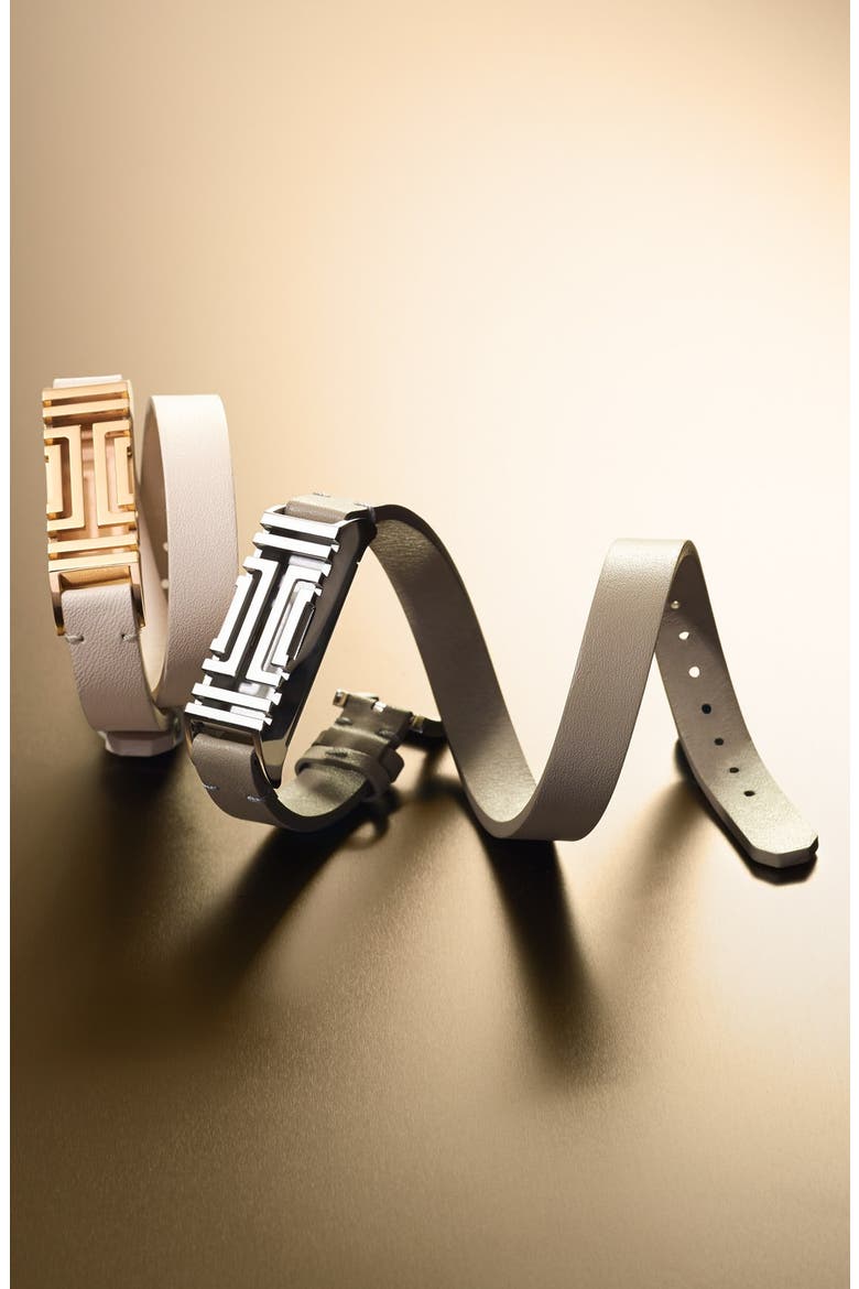 for Fitbit® Leather Wrap Bracelet, Alternate, color, BLACK/ SHINY GOLD DNU