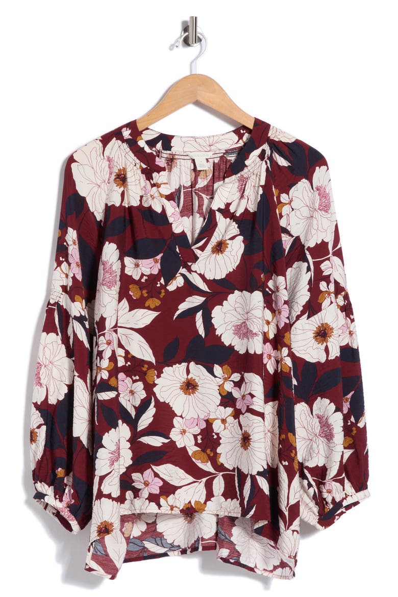 Floral Long Sleeve Popover Top, Alternate, color, RED GRAPE GARDEN FLORAL