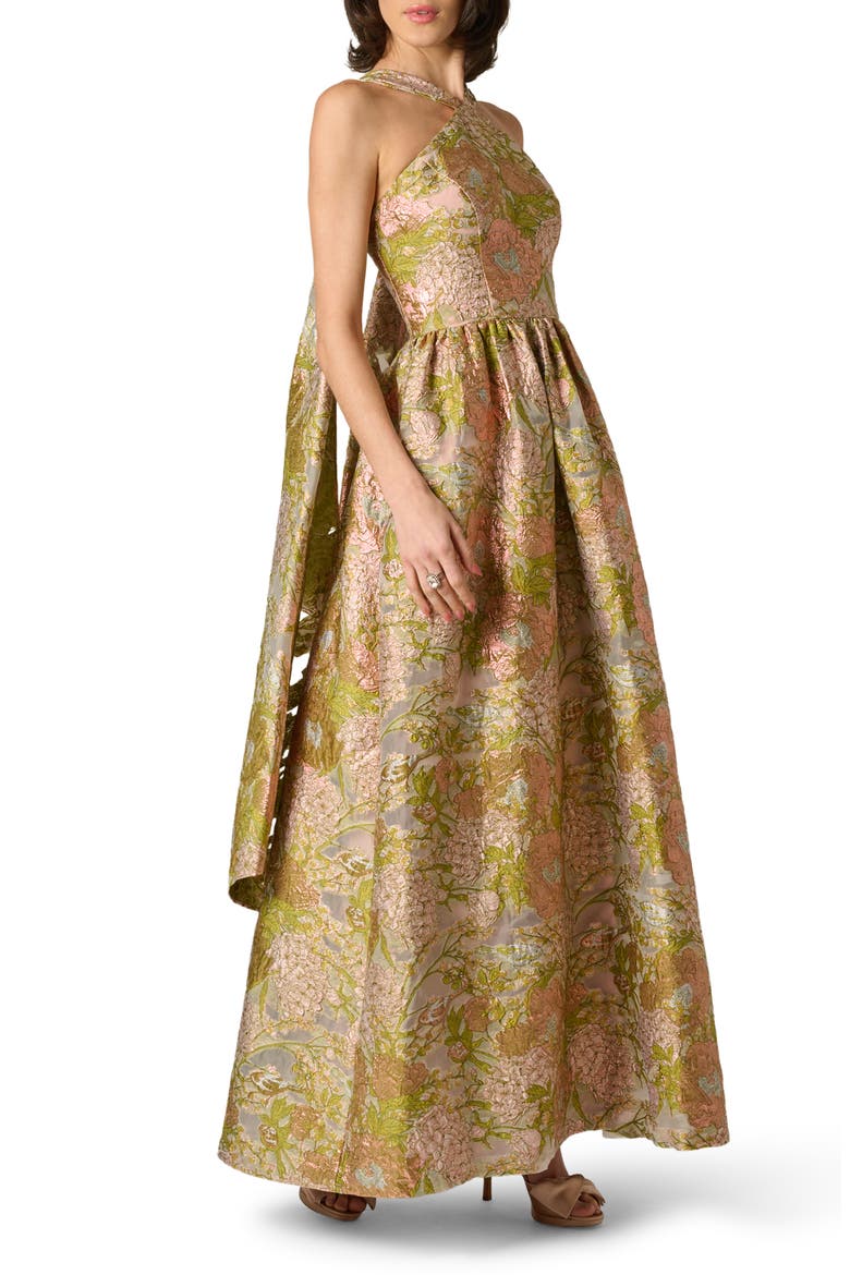 Metallic Floral Jacquard Halter Gown, Alternate, color, PINK MULTI