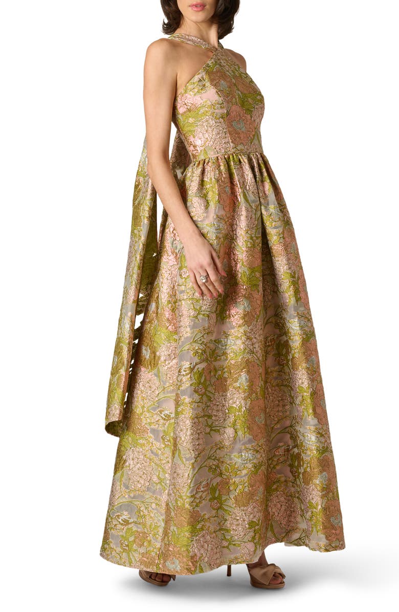 Aidan Mattox Metallic Floral Jacquard Halter Gown, Alternate, color, Pink Multi