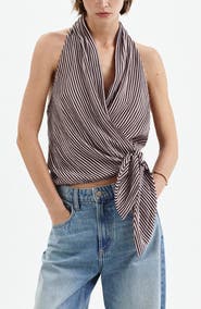 MANGO Striped Halter Top with Fixed Knot