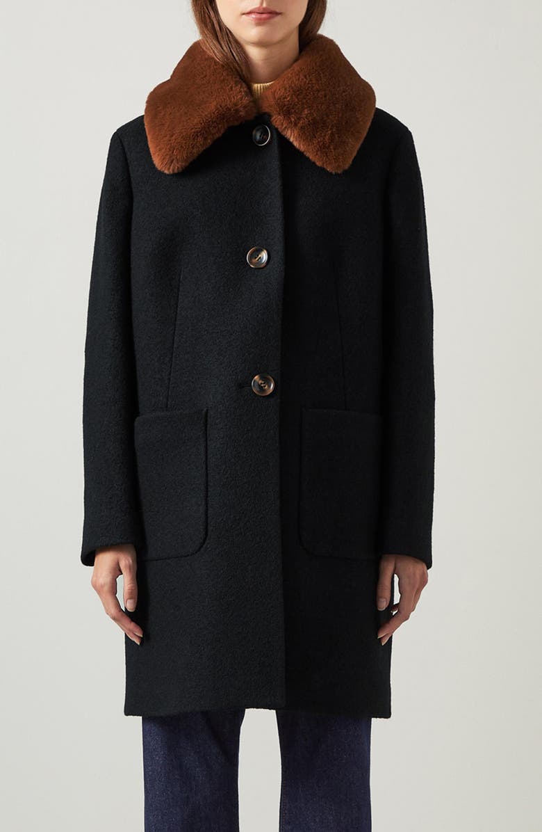 LK Bennett Aster Wool Coat with Removable Faux Fur Collar, Main, color, 