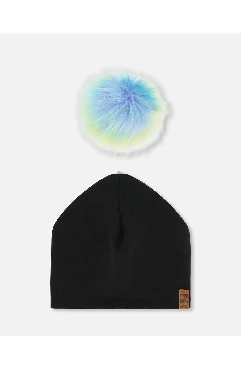Deux par Deux Girl's Black Solid Jersey Detachable Multicolored Pompom Hat, Alternate, color,