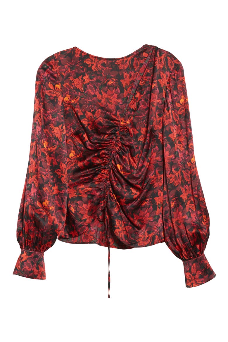 Ezrah Floral Print Ruched Cutout Silk Blouse, Alternate, color, CALLA LILY MULTI