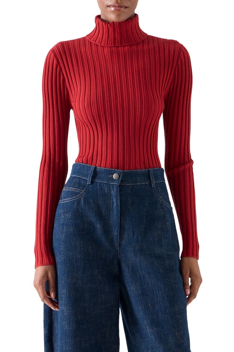 Merino Wool Reverse Rib Turtleneck Sweater, Main, color, RUSTY RED