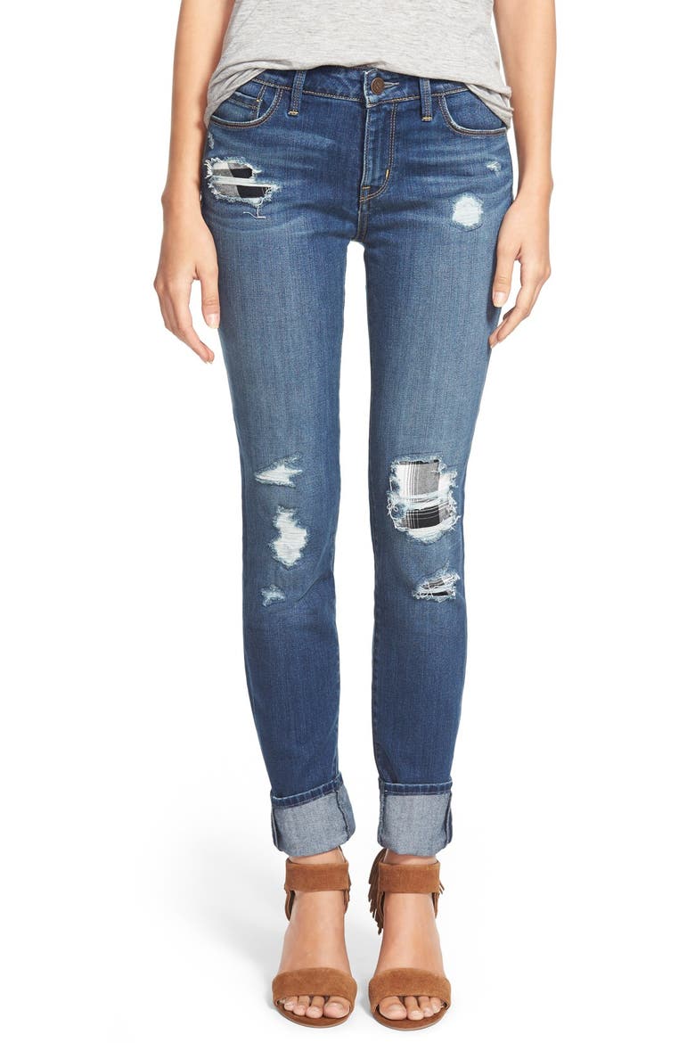 Treasure&Bond Plaid Patch Destroyed Skinny Jeans, Main, color, RANCHER RAIN DUSK RIP N REPAIR