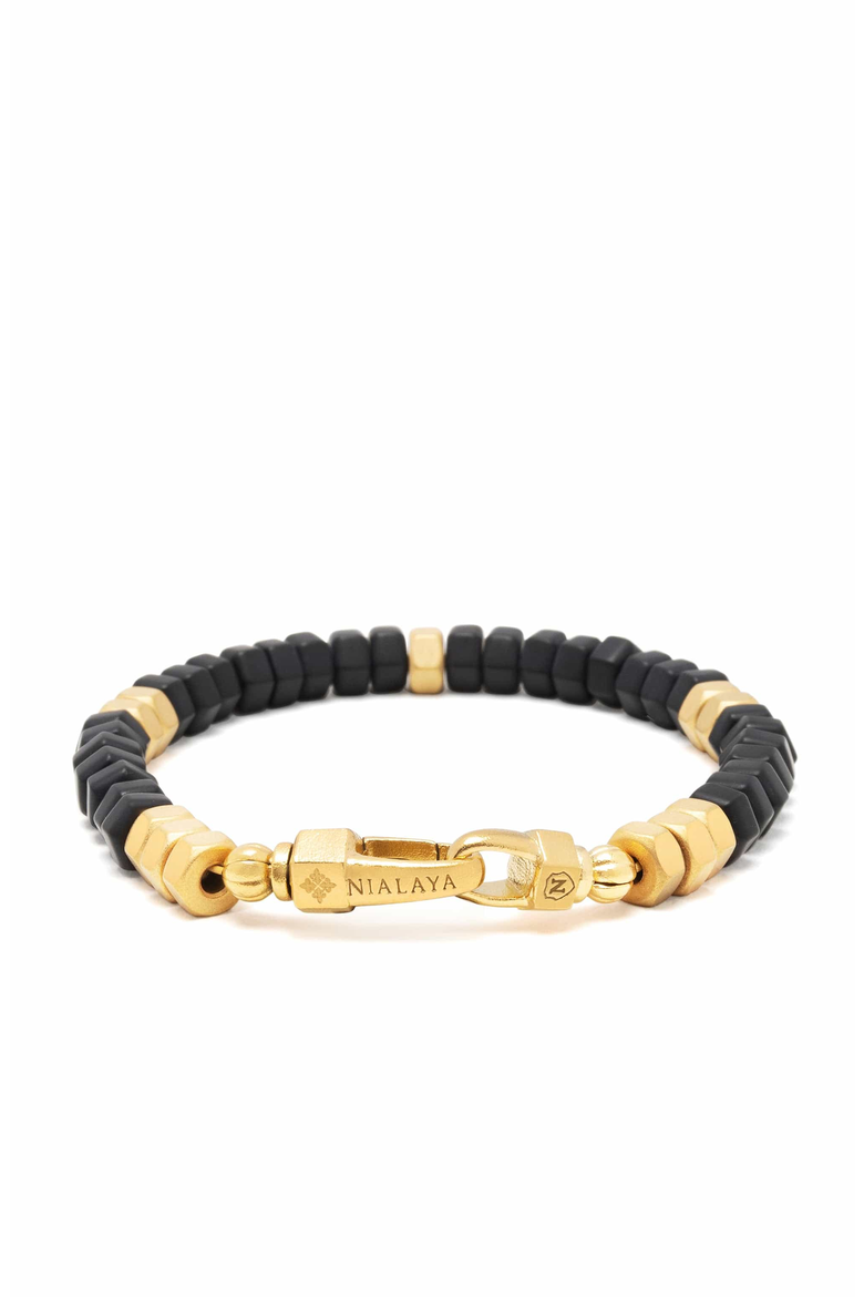 Hexagon Onyx Beaded Gold Bracelet, Main, color, Black Onyx / Gold