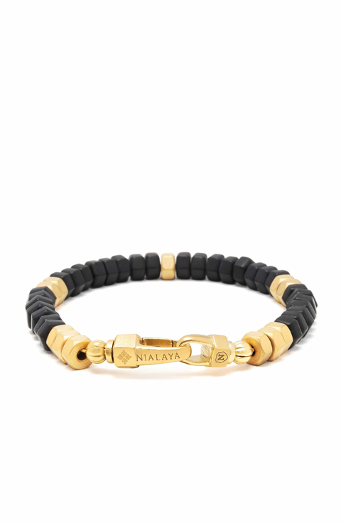 Hexagon Onyx Beaded Gold Bracelet