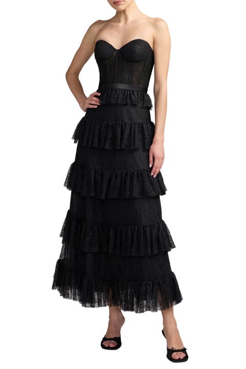 Strapless Bustier Lace Ruffle Midi Dress