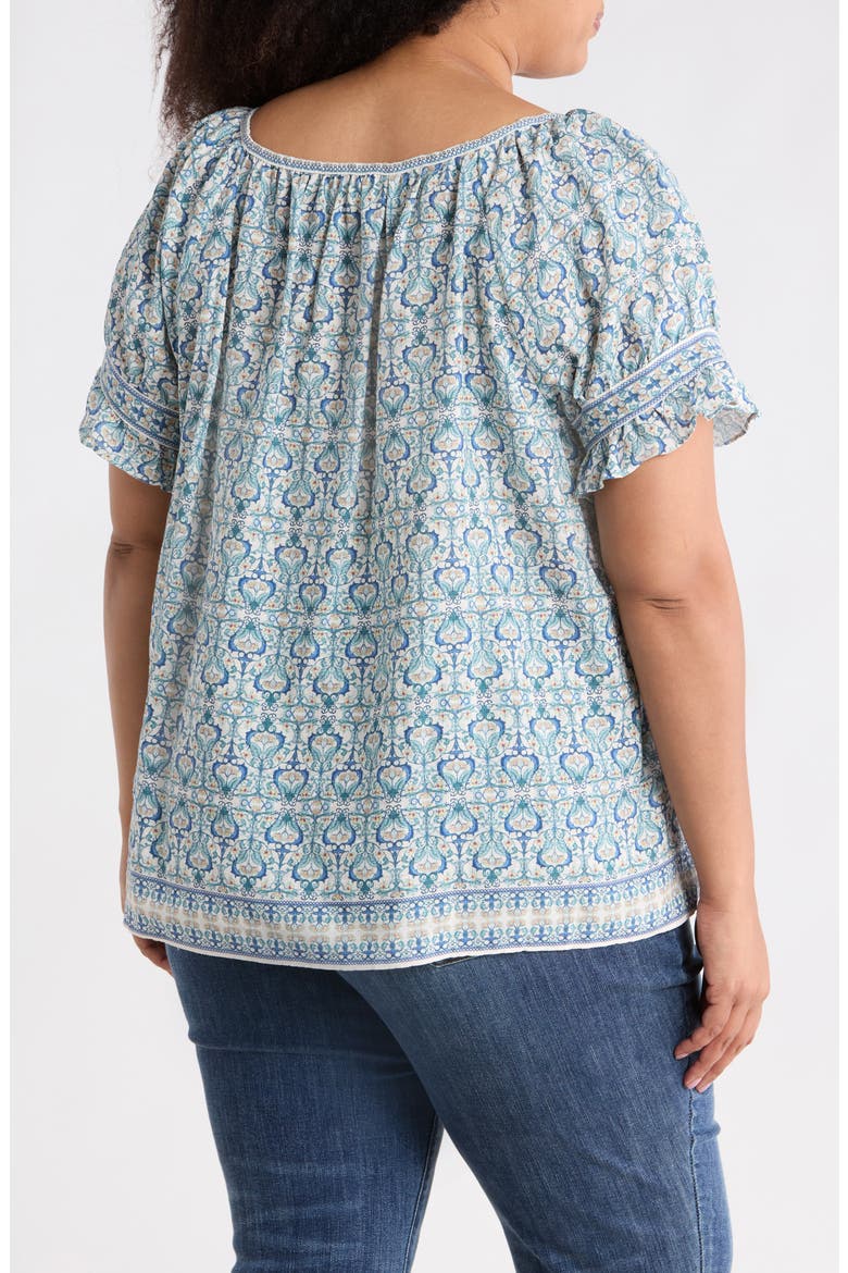Keyhole Short Sleeve Top, Alternate, color, CREAM/ TEAL NOUVEAU VINE CREST