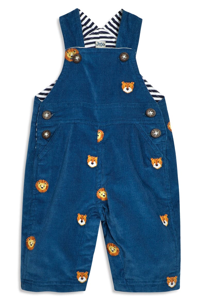 Safari Animal Embroidered Cotton Corduroy Overalls, Main, color, BLUE