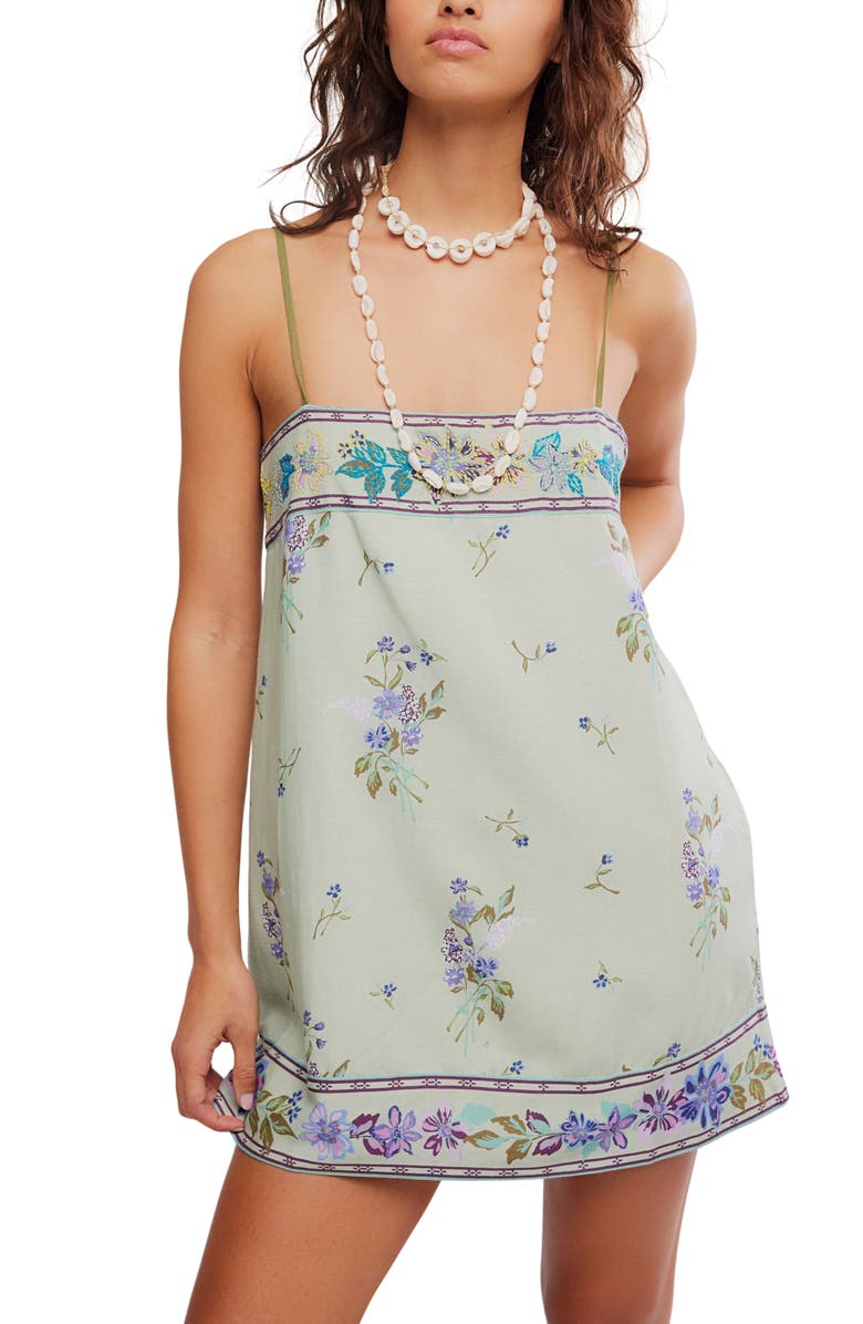Free People Bali Embroidery Border Floral Minidress, Alternate, color, Mint Combo
