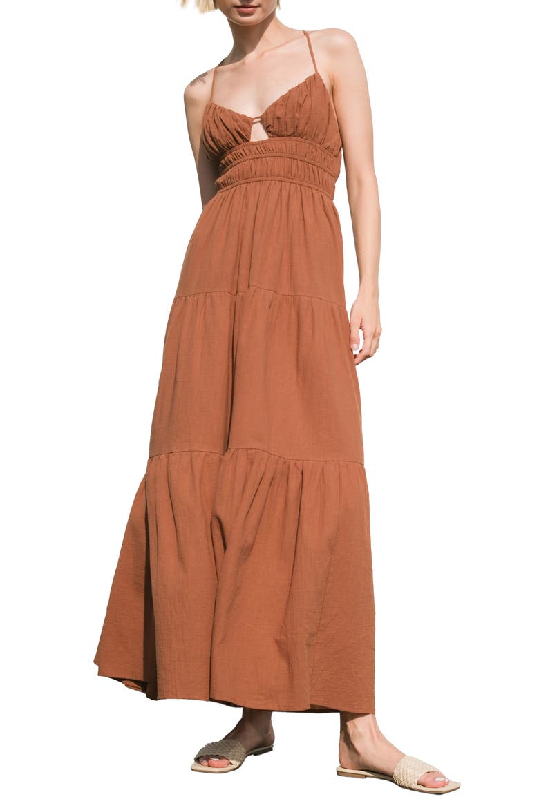 Solid Tiered Cotton Maxi Sundress, Main, color, BROWN