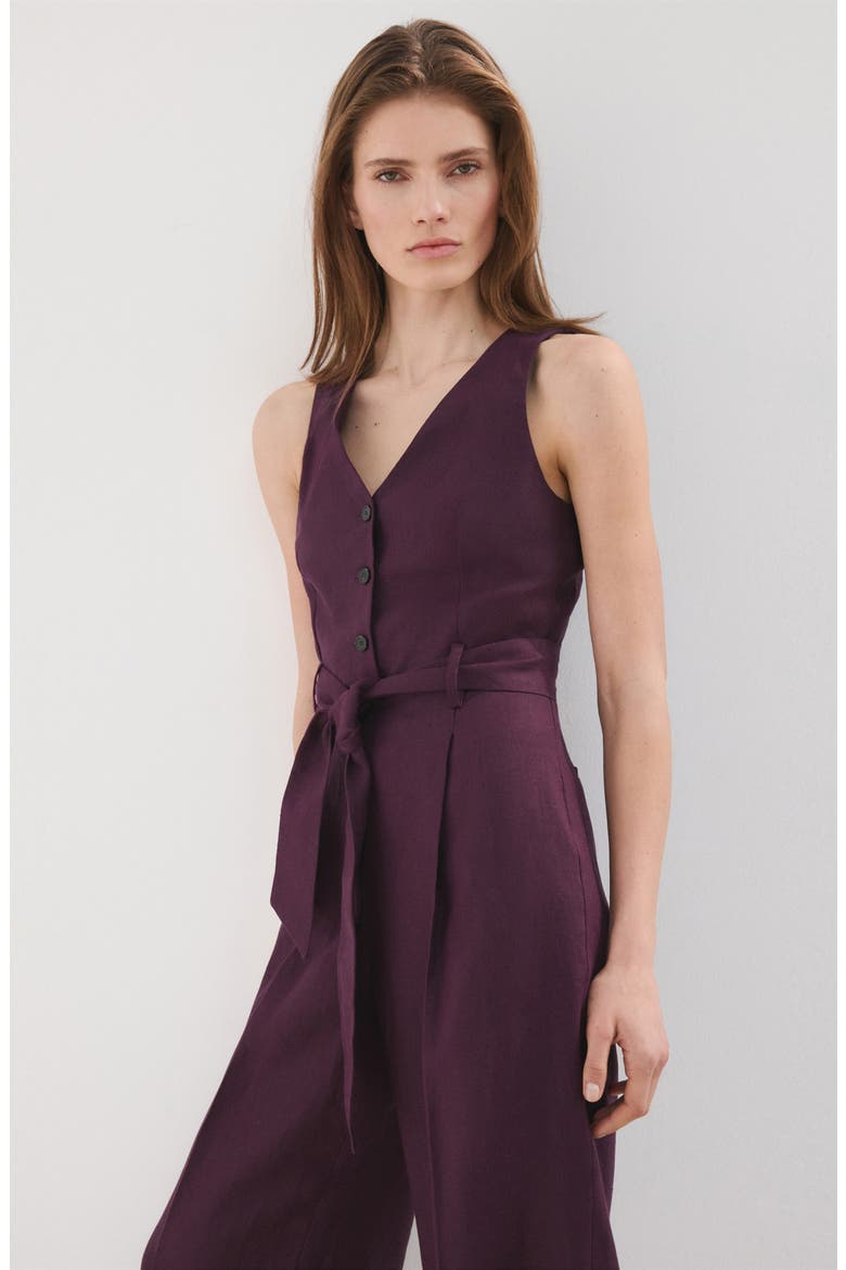 Sleeveless Belted Linen Jumpsuit, Alternate, color, BLACKBERRY