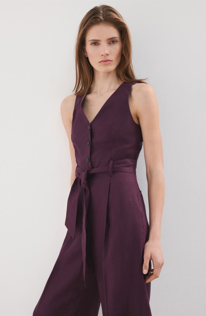 MANGO Sleeveless Belted Linen Jumpsuit, Alternate, color, Blackberry